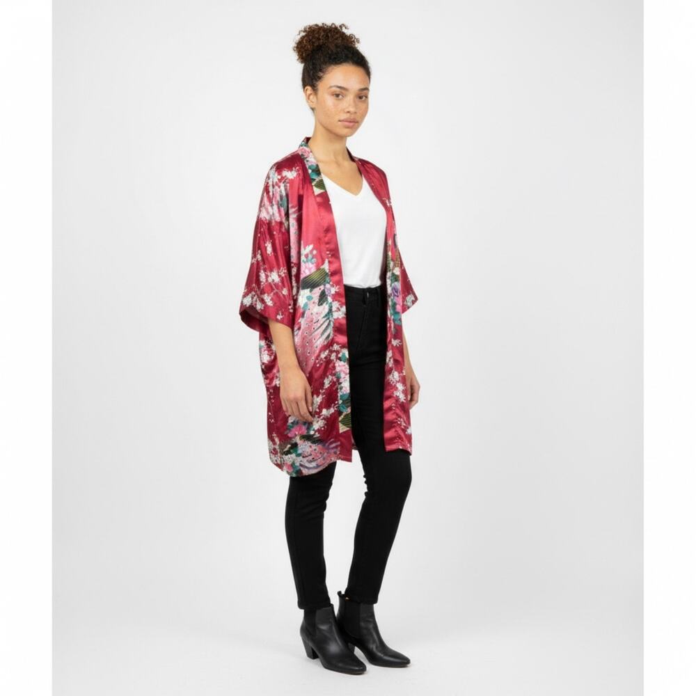Wine Red Peacock Floral Satin Kimono Jacket – Japanese Inspired Layer Robe - Picture 4 of 9
